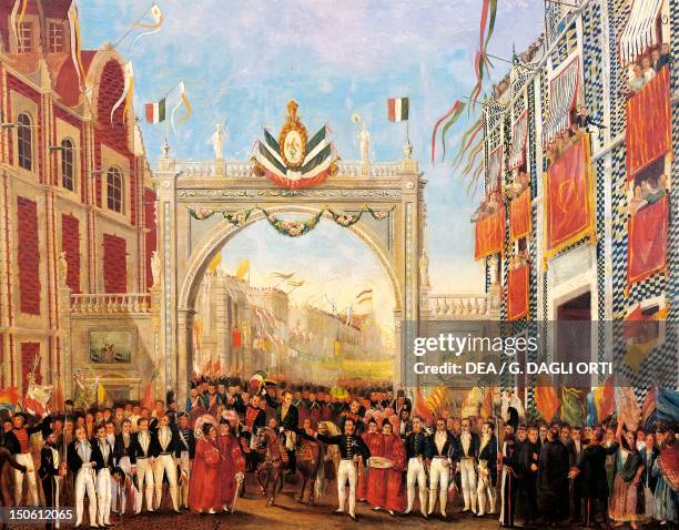 Triumphal entry of Agustin de Iturbide into Mexico City, September 27, 1821. Mexican War of Independence, Mexico, 19th century.