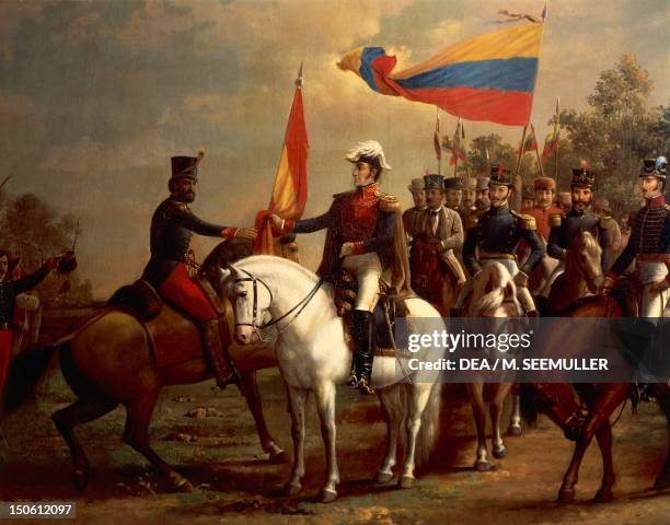 Simon Bolivar honoring the flag after the Battle of Carabobo, June 24 by Arturo Michelena ,1883. Detail. Spanish-American wars of independence,...