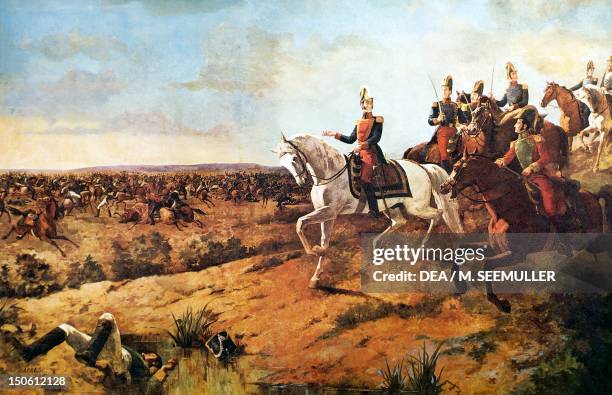 Simon Bolivar heading his army at the Battle of Junin, August 5, 1824. Peruvian War of Independence, Peru, 19th century.