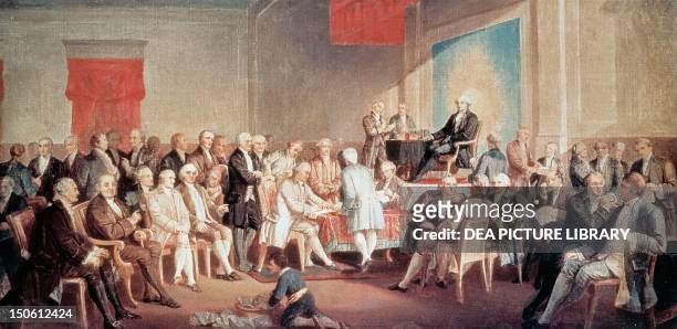 George Washington signing the Constitution, 1787. Convention of Philadelphia, the United States, 18th century.