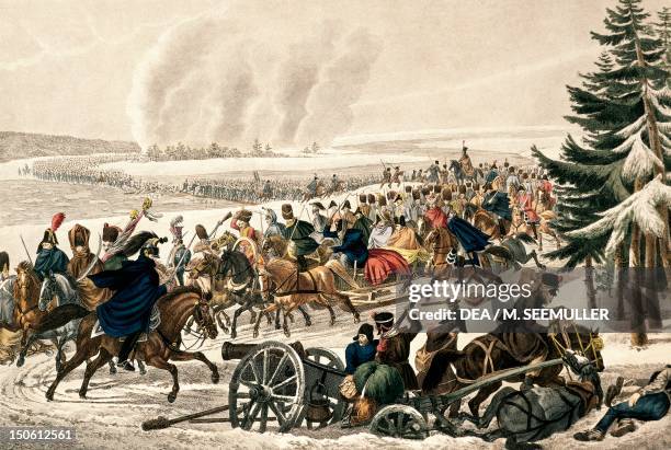 Retreat of the French army over the Beresina river, November 26 by Franz Edler von Habermann , engraving by Johann Adam Klein . Napoleonic Wars,...