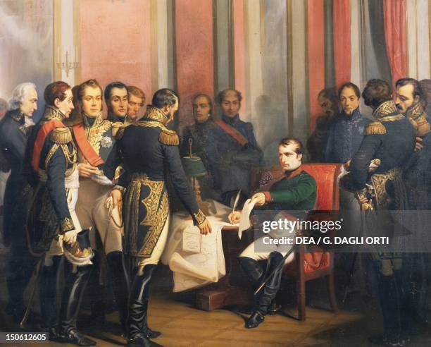 Bonaparte, 1769-1821 Emperor of France, signing his abdication at Fontainebleau, France, 4 April 1814, by Francois Bouchot oil on canvas, 134x158 cm....