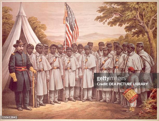 Come and enlist, Federal manifesto for the enlistment of black volunteers, coloured engraving. The American Civil War, the United States, 19th...