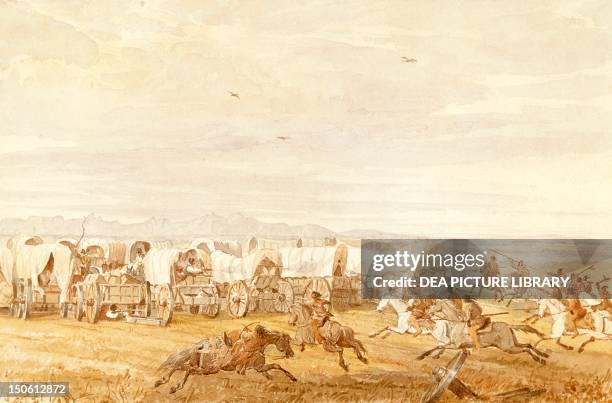 Group of Native Americans, Comanches attacking a caravan of pioneers during the period of the Conquest of the West. Native American Civilization,...