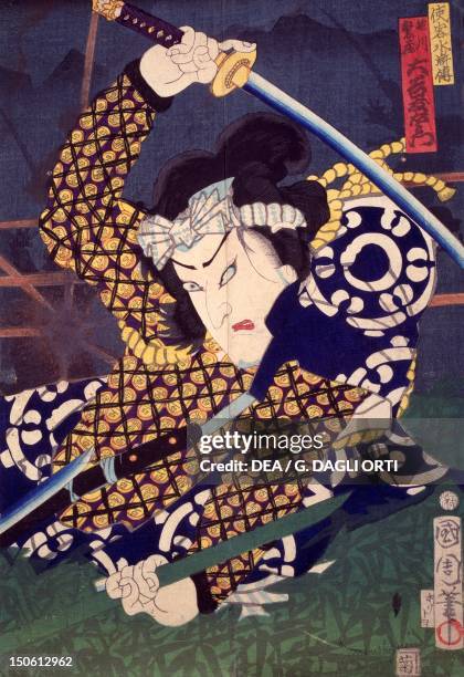 Ukiyo-e with portrait of an actor dressed as a warrior, 19th century, woodcut from the Kabuki Theatre series. Japanese civilization, Edo period .