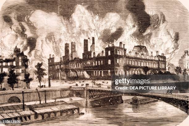 The fire at Paris City Hall, May 24, 1871 during the Commune. France, 19th century.