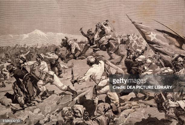 Battle of Tarapaca, between Peruvian and Chilian troops, November 27 engraving. War of the Pacific, Chile, 19th century.
