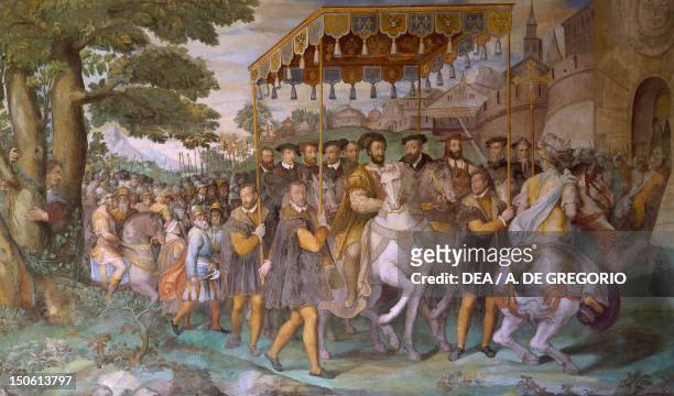 Entrance of Emperor Charles V, Francis I of France and Alessandro Cardinal Farnese into Paris in 1540, detail from fresco by Taddeo Zuccari, preservd...