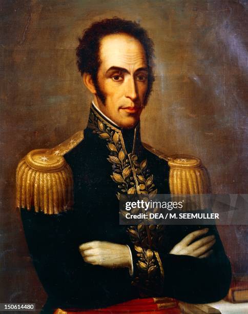 Portrait of Simon Bolivar , Venezuelan general, patriot and revolutionary. Painting by Rafael Salas . South America, 19th century.