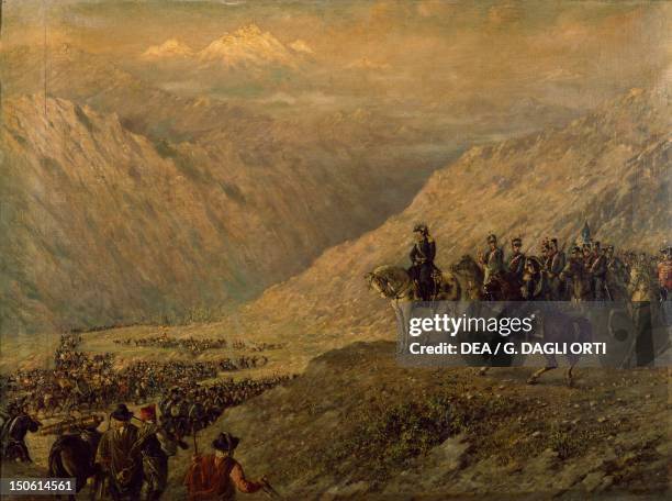 Argentine General Jose de San Martin crossing the Andes with his army painting by Ballerini. Argentina, 19th century.