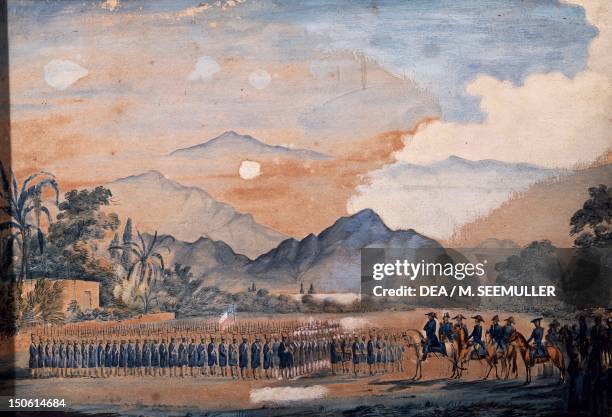 Jose De San Martin delivering the freedom flag to the Numancia battalion in Huaura, watercolour by General O 'Higgins. Peru, 19th century.