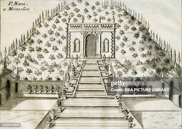 Garden at Villa Nani Mocenigo in Monselice by Vincenzo Coronelli , engraving La Brenta, quasi borgo della citta di Venezia.