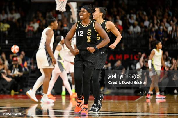 Chelsea Gray of the Las Vegas Aces reacts during the game against the Dallas Wings on July 5, 2023 at Michelob ULTRA Arena in Las Vegas, Nevada. NOTE...