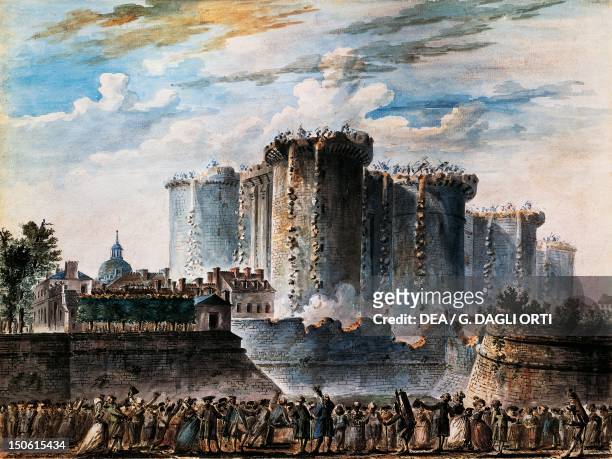 The storming of the Bastille, July 14 gouache by Jean-Pierre Houal . French Revolution, France, 18th century.