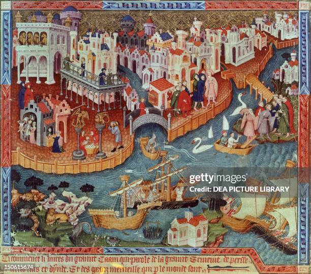 Polos' departure from Venice, miniature from Livre des merveilles du monde by Marco Polo and Rustichello, France 15th Century.