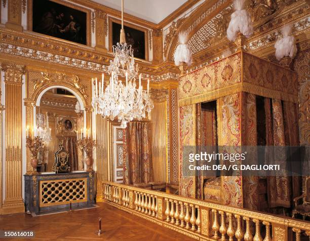 King Louis XIV's bed in the king's bedchamber, Palace of Versailles . France.