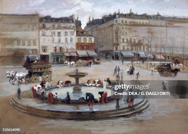 Soldiers washing their clothes in Place Pigalle during the siege of Paris, March 1871, watercolour. Franco - Prussian War, France, 19th century.