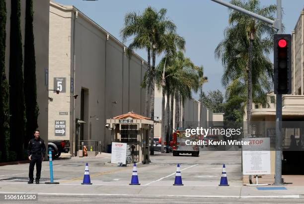 Firefighting equipment is seen after a fire is extinguished at Warner Bros. Studios on June 30, 2023 in Burbank, California. The fire was reportedly...