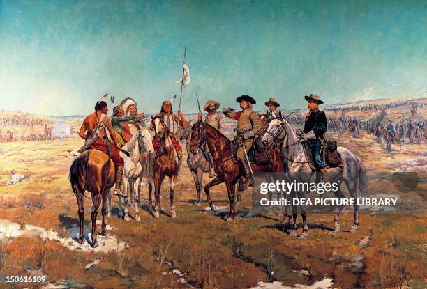 General Custer communicationg his conditions to the Native Americans, painting by Charles Schreyvogel . Native American Wars, United States, 19th...