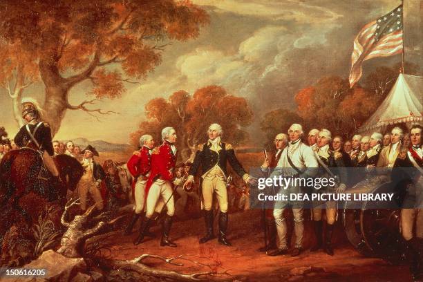 The Battle of Saratoga, the British General John Burgoyne surrendering to the American General, Horatio Gates, October 17 by John Trumbull oil on...
