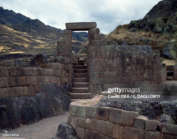 The ruins of the Temple of the Sun in Pisac . Inca Civilization, 15th Century.