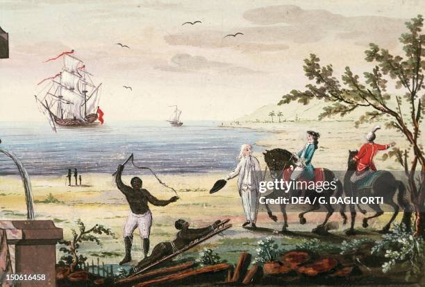 Slave owned by Saint Mesmin being flogged by the foreman, watercolour. Slavery, Dominican Republic, 19th-20th century.