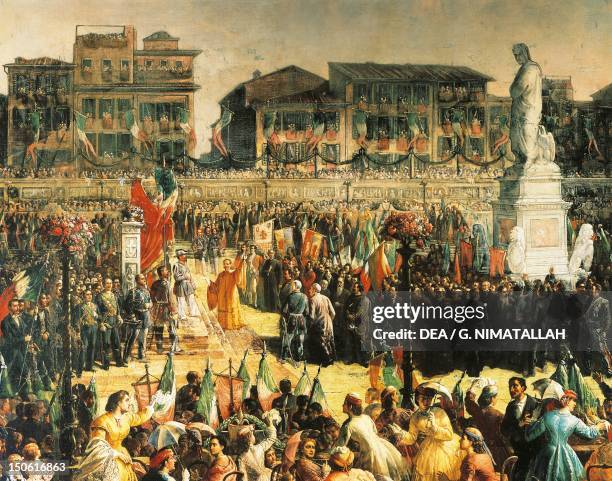 Victor Emmanuel II at the unvailing of the monument to Dante in the Piazza della Signoria, Florence by Vincenzo Giacomelli . Detail. Italy, 19th...