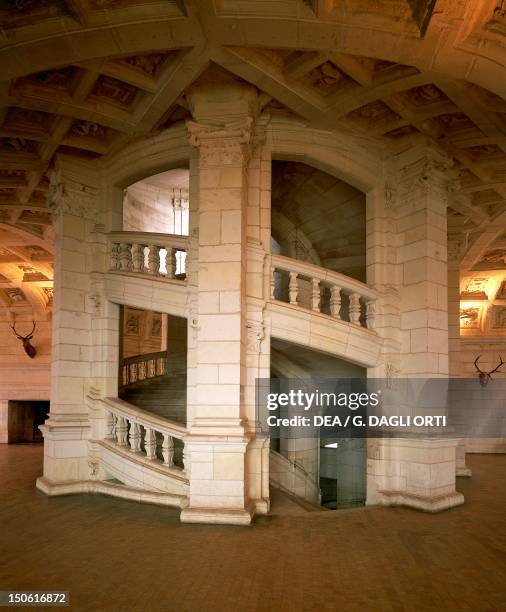 The Renaissance staircase in the centre of the Hall of the guards, Chateau de Chambord, Loire Valley . France, 16th century.