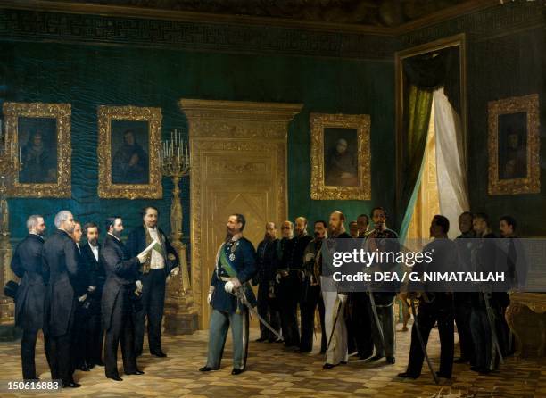 Victor Emmanuel II receiving Tuscan representatives with the decree of annexation to the Kingdom. Italy, 19th century.
