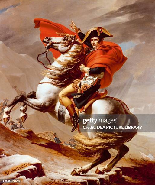 Bonaparte crossing the St Bernard Pass, May 1800, 1801 painting by Jacques-Louis David , oil on canvas, 264x231 cm. French Revolutionary Wars,...