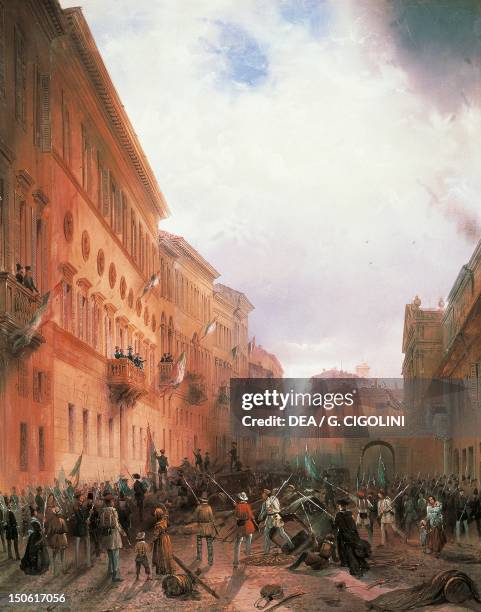 Mob riot in Milan against Carlo Alberto beneath the balcony of Palace Greppi. First war of independence, Italy, 19th century.