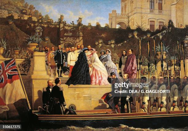 Elisabeth of Austria, a guest of the Archduchess Charlotte, disembarking in front of the castle of Miramare in Trieste by Caesare dell'Aqua , oil on...