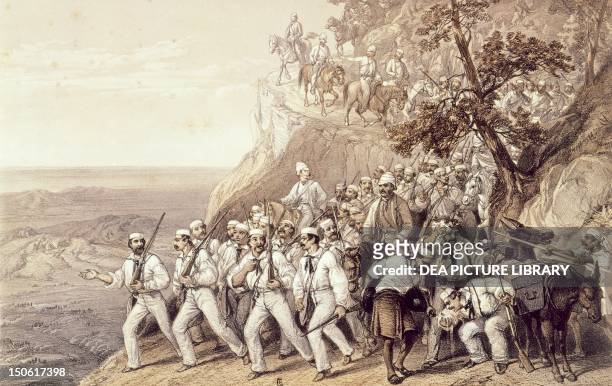 First Regiment of Bengal Fusiliers leaving the Dughshai camp, May 1857, during the Indian uprisings of 1857 against the British colonial power and...