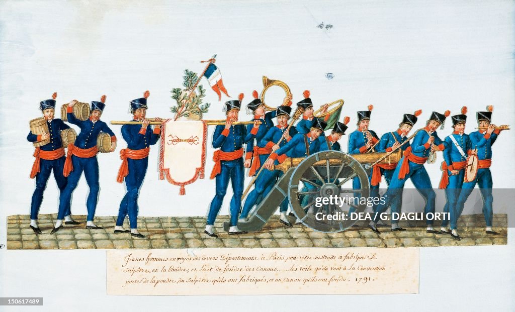 Young soldiers preparing gunpowder