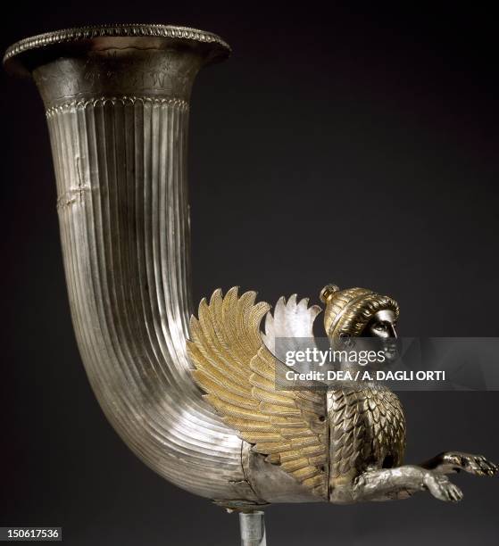 Silver rhython protome in the shape of a winged sphinx and with decoration on the neck, from the Borovo Treasure, Ruse Region, Bulgaria. Goldsmith...