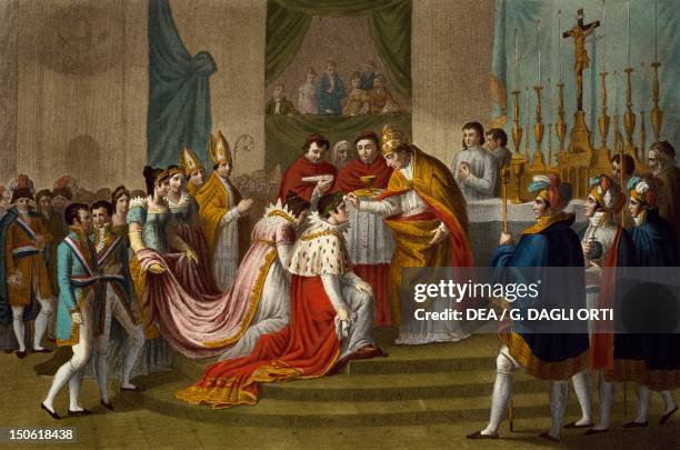 Pius VII crowning Napoleon and Josephine, December 1804, in Notre Dame in Paris. Napoleonic era, France, 19th century.