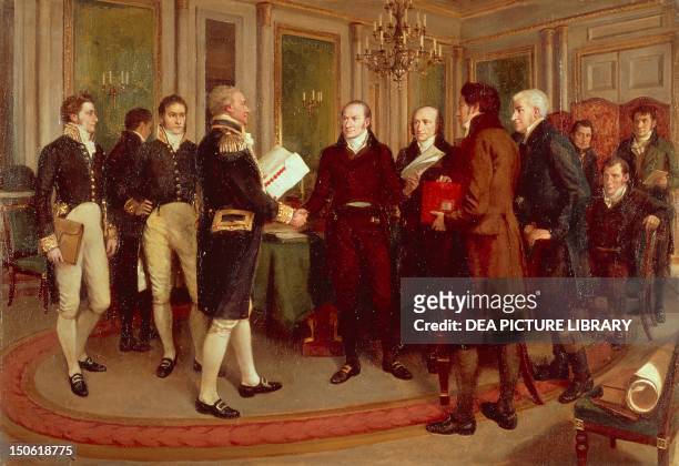 Painting entitled 'A Hundred Years Peace,' depicts members of the British and American delegations at the signing of the Treaty of Ghent , December...
