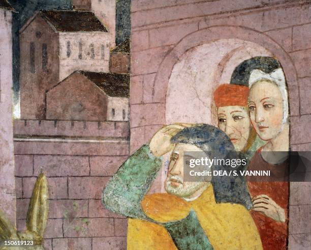 People in medieval clothes, Entry of Jesus into Jerusalem, fresco, by Giovanni Canavesio in the Notre-Dame des Fontaines Chapel, La Brigue. France,...