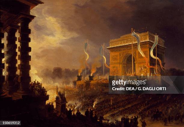 Celebration of the fraternity at the Arc de Triomphe in Paris April 20 painting by Jean-Jacques Champin . France, 19th century.