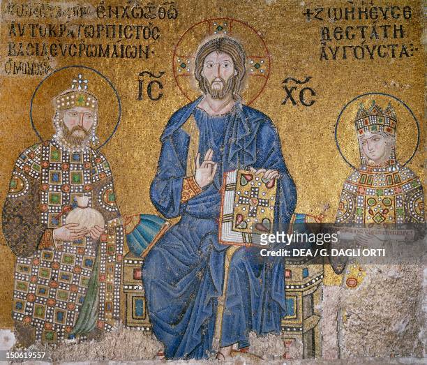 Mosaic depicting Christ enthroned between the Byzantine Empress Zoe, on the right, and her third husband Constantine IX Manomaco during the Dono...