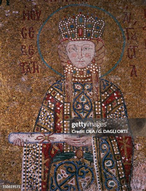 Empress Irene, detail of a mosaic depicting the Virgin and Child between on the left Emperor John II Comnenus, on the right Empress Irene awaiting a...