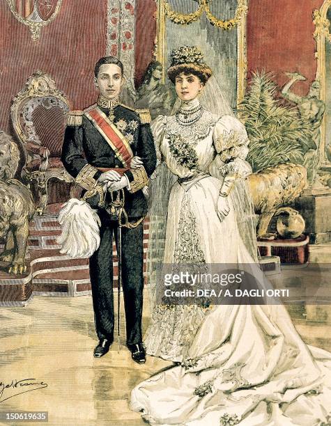 The marriage of King Alfonso XIII of Spain and Princess Ena of Battenberg. Achille Beltrame from La Domenica del Corriere, June 3, 1906.