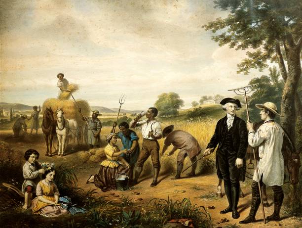 Slaves working in the fields, under the watch of the master and overseer. Slavery, United States, circa 1825.