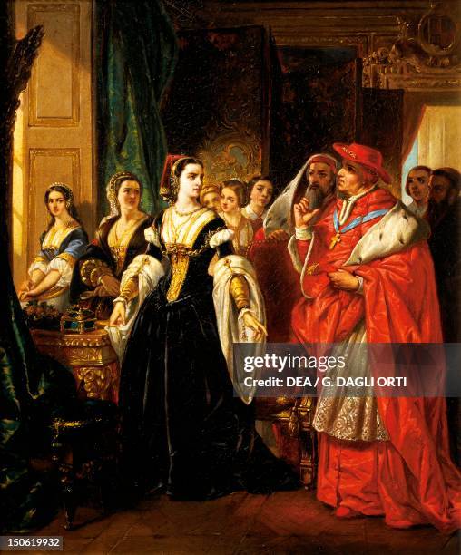Henry VIII's divorce, Cardinal Wolsey with Catherine of Aragon by Eugene Deveria , oil on canvas. Tudor, England, 16th century.