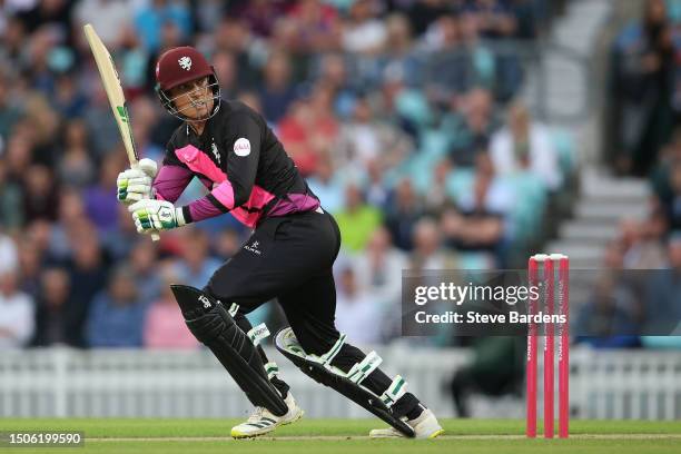 Tom Banton of Somerset plays a shot during the Vitality Blast T20 match between Surrey CCC and Somerset CCC at The Kia Oval on June 30, 2023 in...