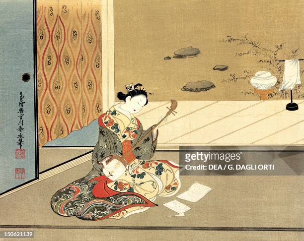 Japanese playing the shamisen, artist from the Miyagawa school, kakemono in ukiyo-e style, Japan. Japanese Civilisation, 18th century.