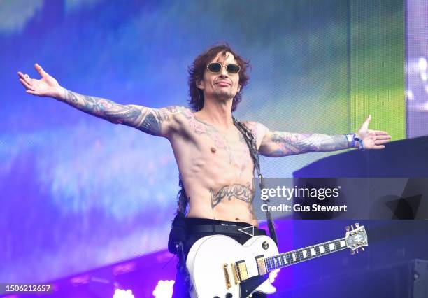 Justin Hawkins of The Darkness performs on the Great Oak Stage at BST Hyde Park Festival 2023 at Hyde Park on June 30, 2023 in London, England.
