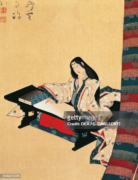 Murasaki Shikibu, 10th-11th century author and poet from the Fujiwara family, kakemono on silk, Japan. Japanese Civilisation.