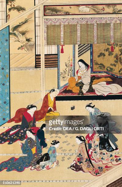 Playing cards in a home for women, by Hishikawa Moronobu , kakemono in ukiyo-e style, Japan. Japanese Civilisation, the 15th century.