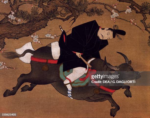 Kakemono painting on paper depicting Tenjin or Kanko as if seen in a dream. Japanese civilization, 17th century.